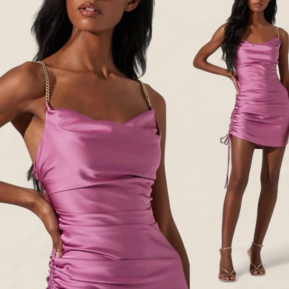 Astr the Label Trista Gold Chain Pink Cowl Neck Mini Dress Small draped